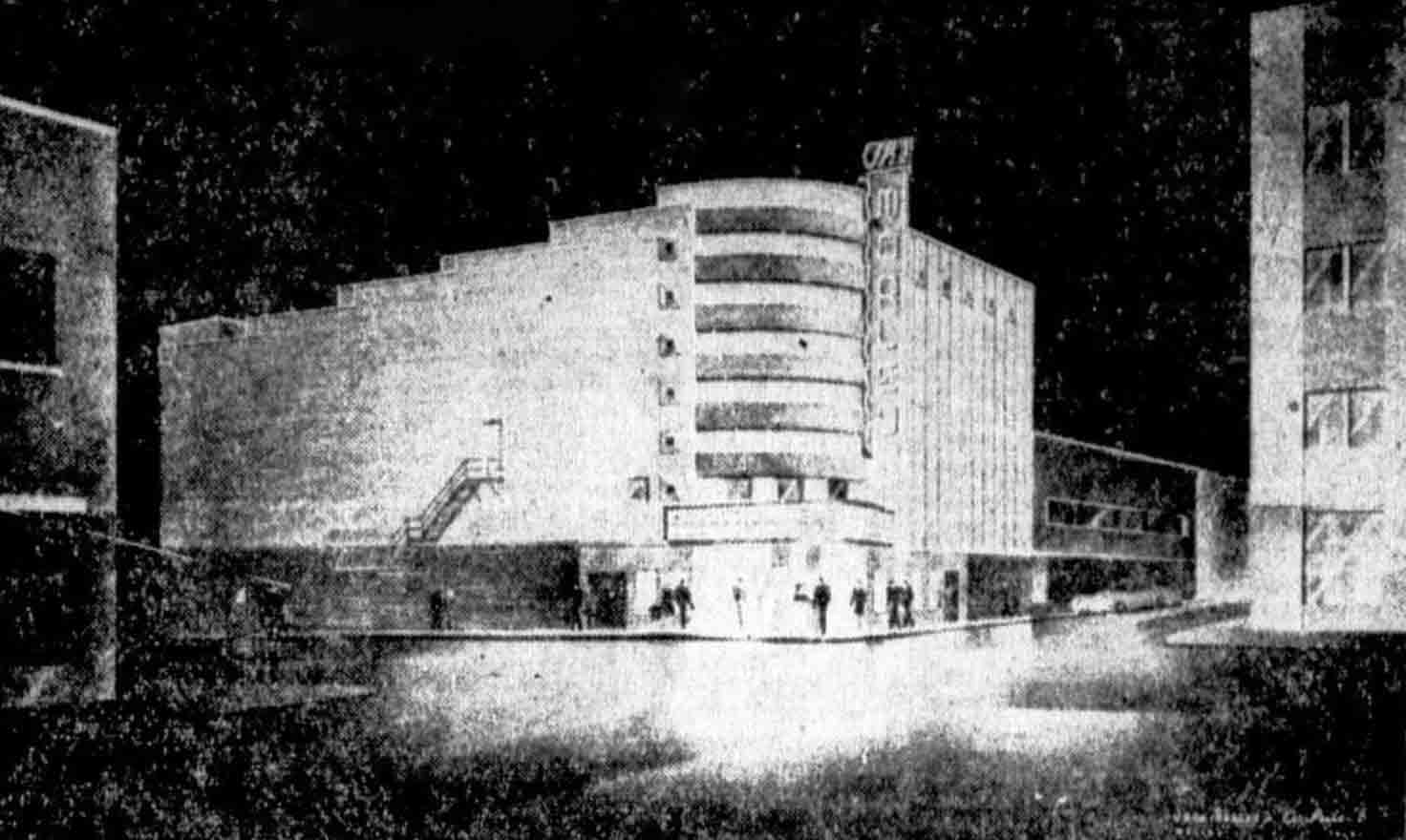 Black and white newspaper drawing of The Morley Theatre in 1946